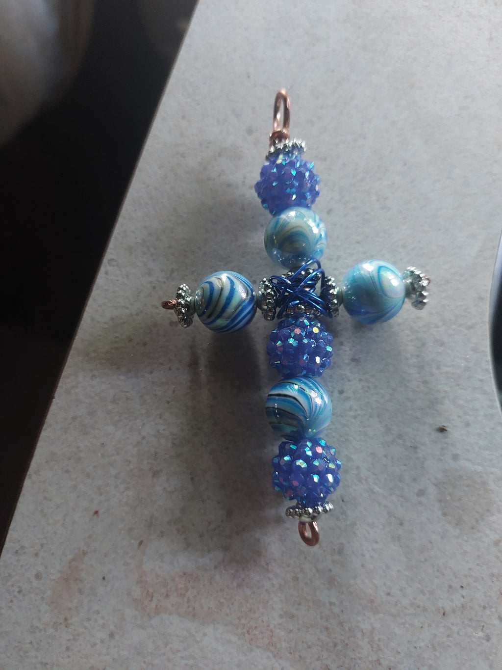 Handmade Blue Beaded Cross Pendant with Copper Wire
