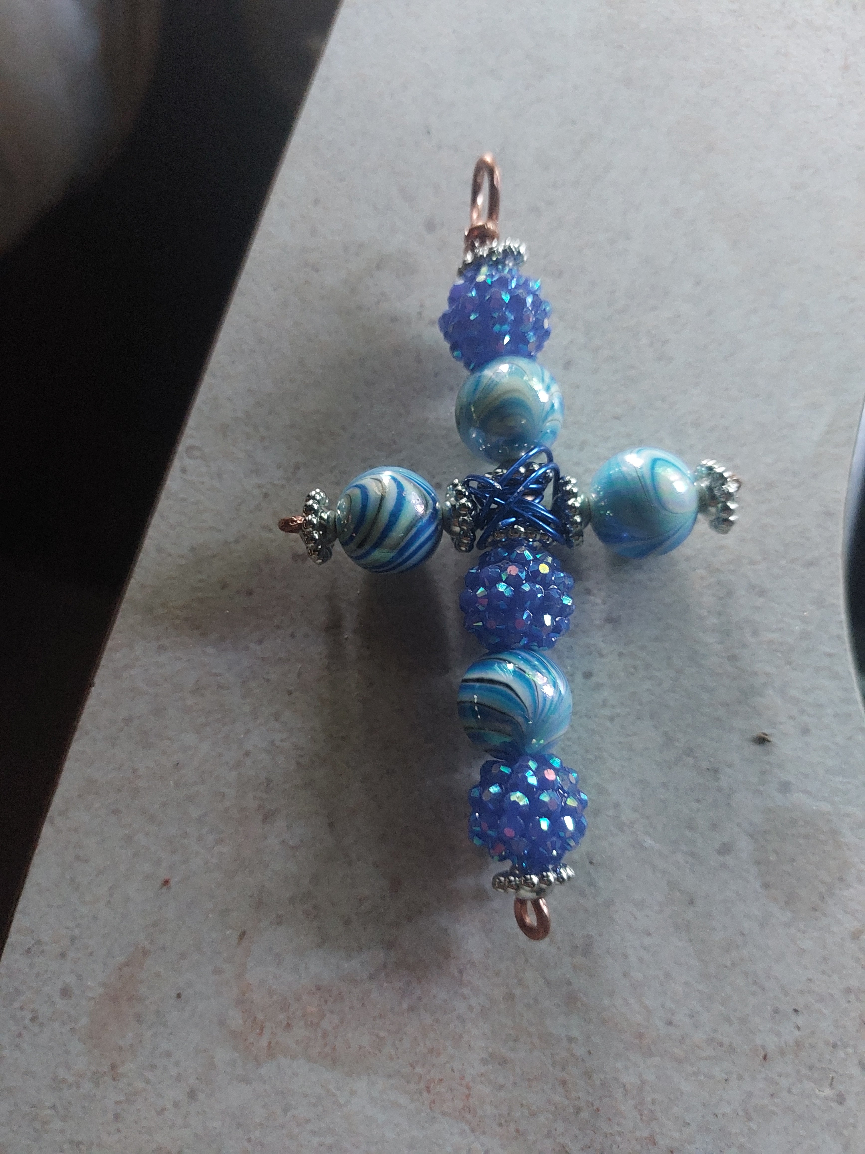 Handmade Blue Beaded Cross Pendant with Copper Wire