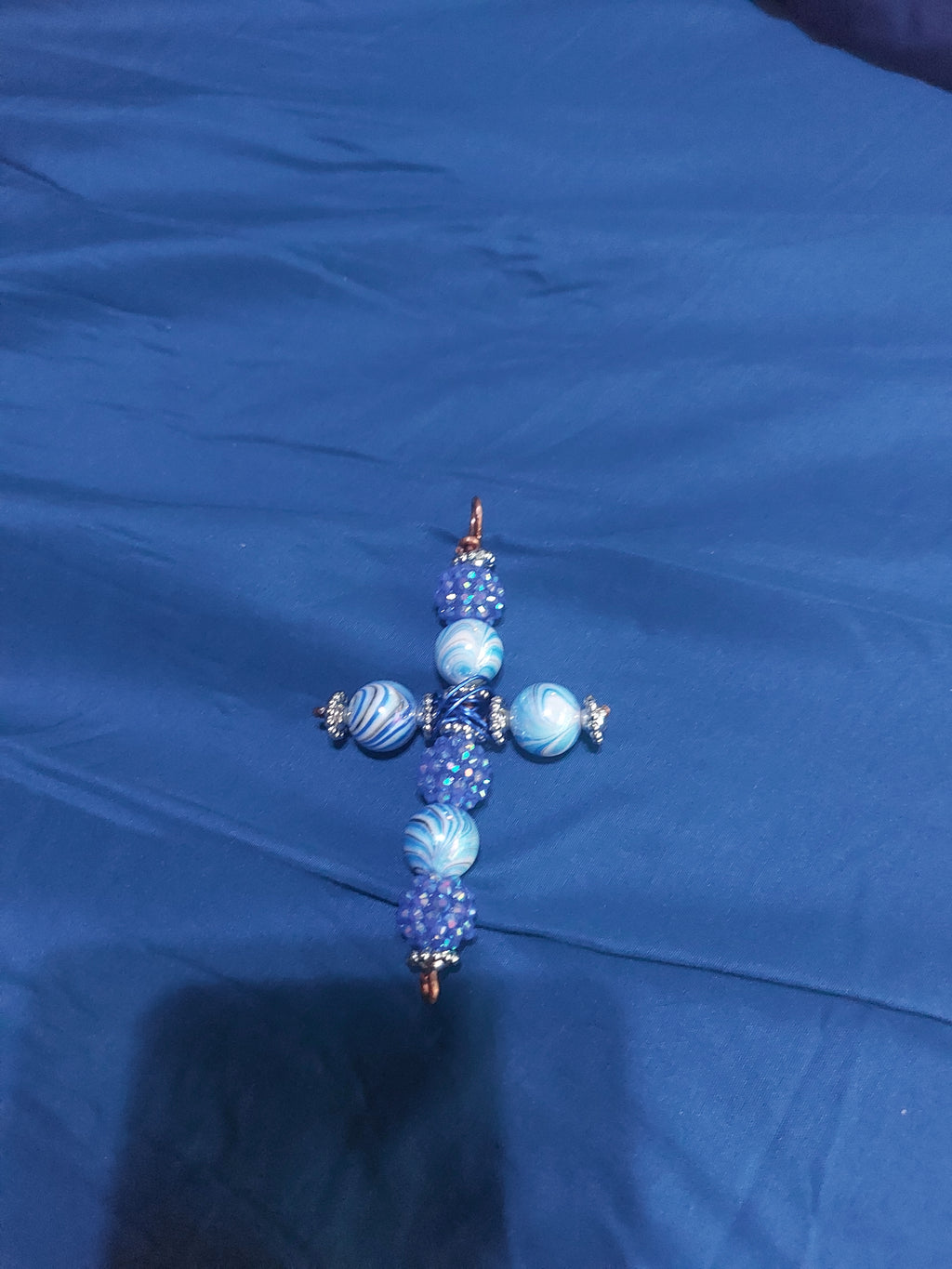 Handmade Blue Beaded Cross Pendant with Copper Wire