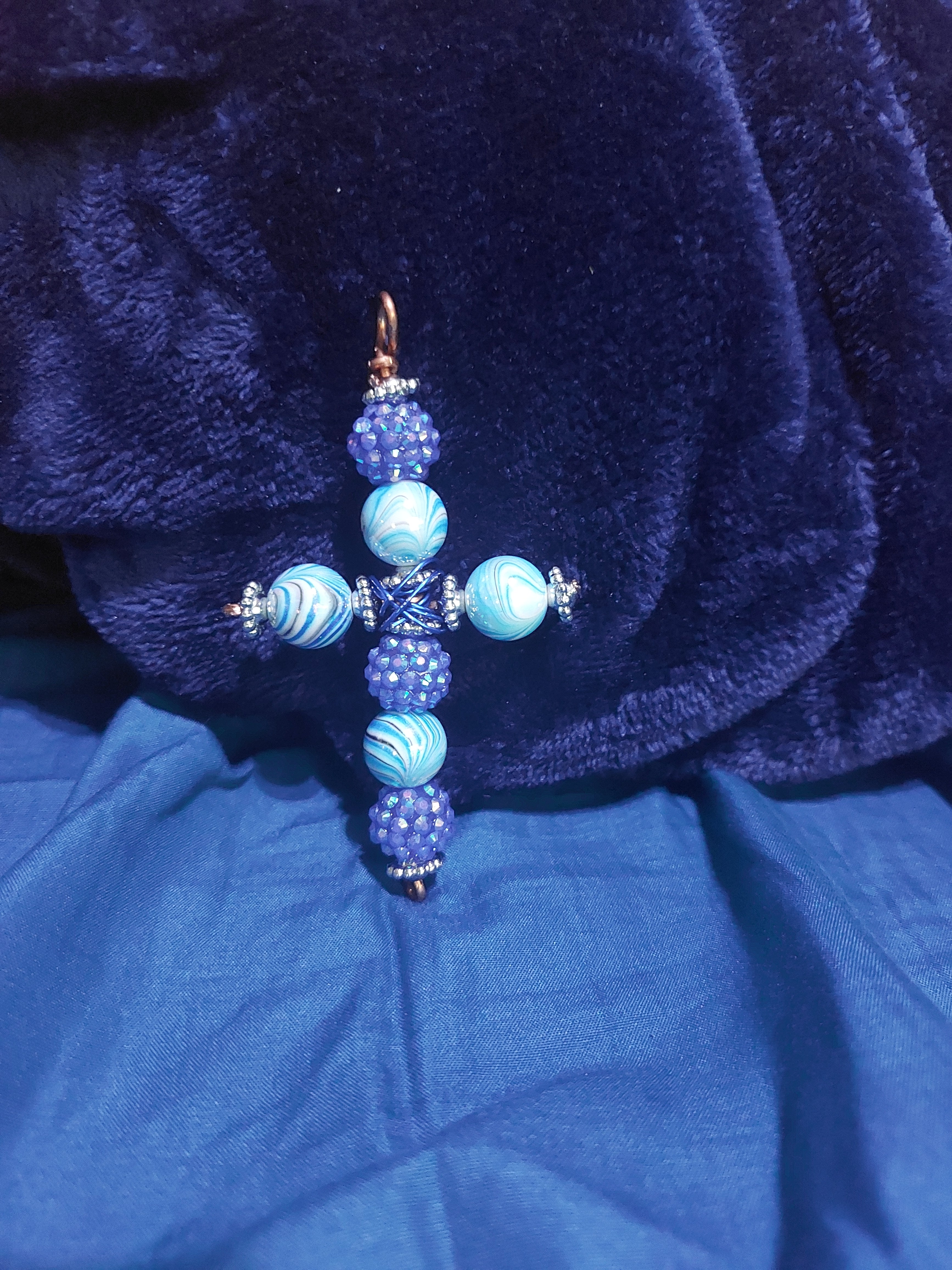 Handmade Blue Beaded Cross Pendant with Copper Wire
