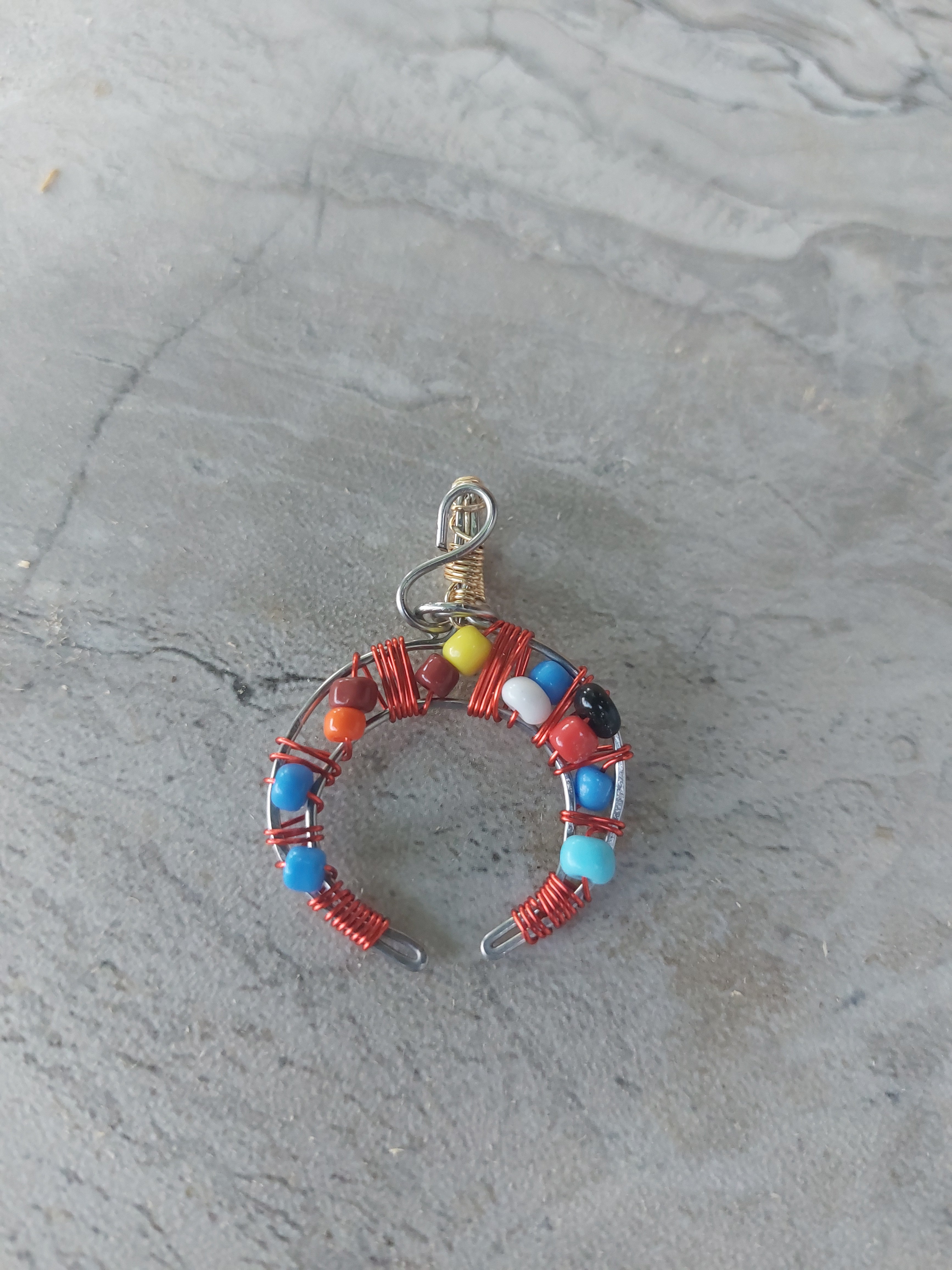Handmade Colorful Beaded Crescent Moon Pendant – Wire Wrapped