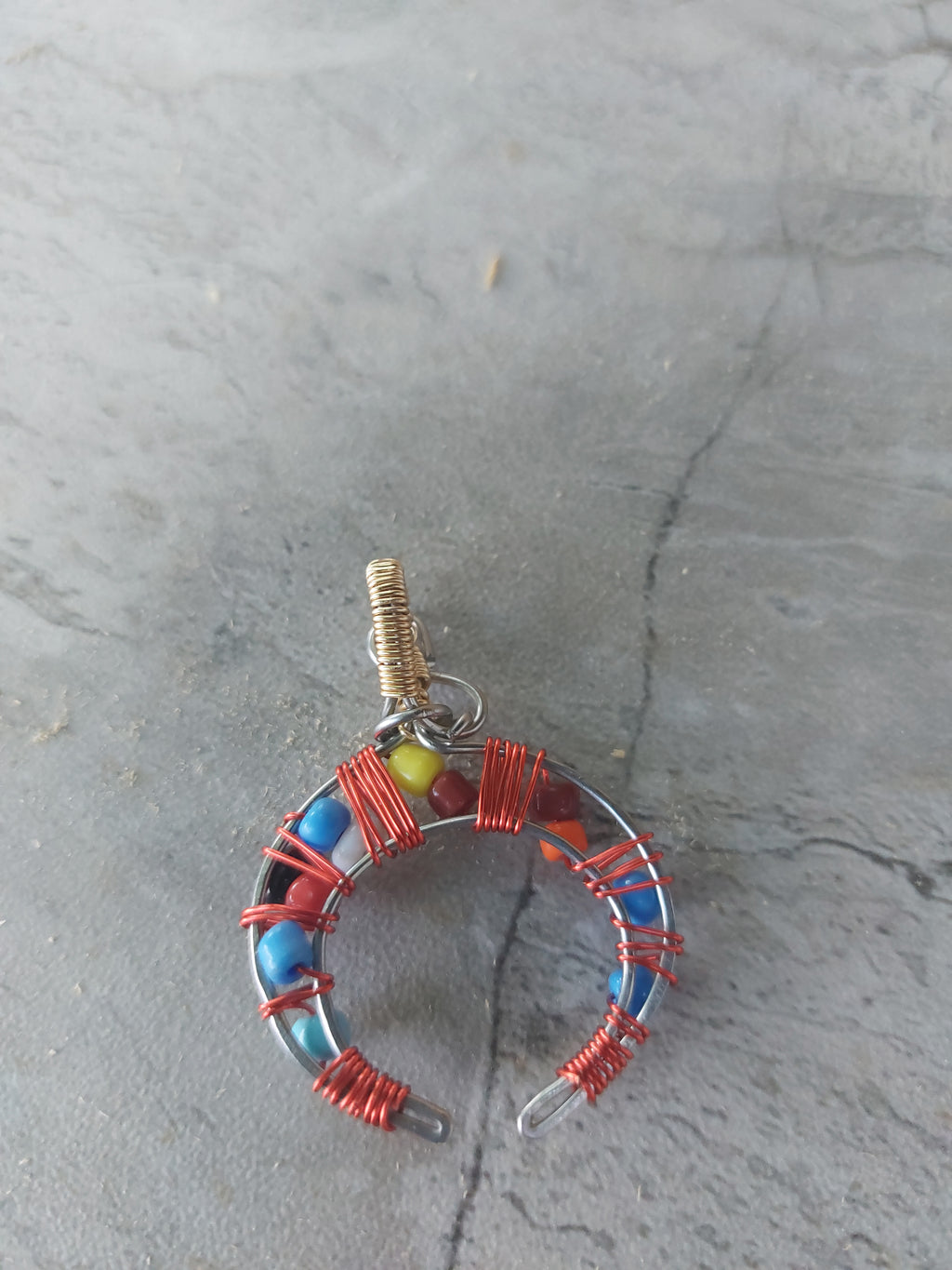 Handmade Colorful Beaded Crescent Moon Pendant – Wire Wrapped