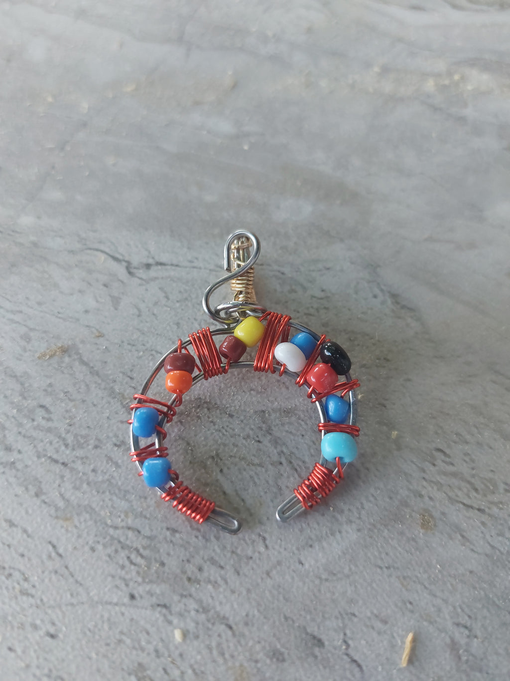 Handmade Colorful Beaded Crescent Moon Pendant – Wire Wrapped