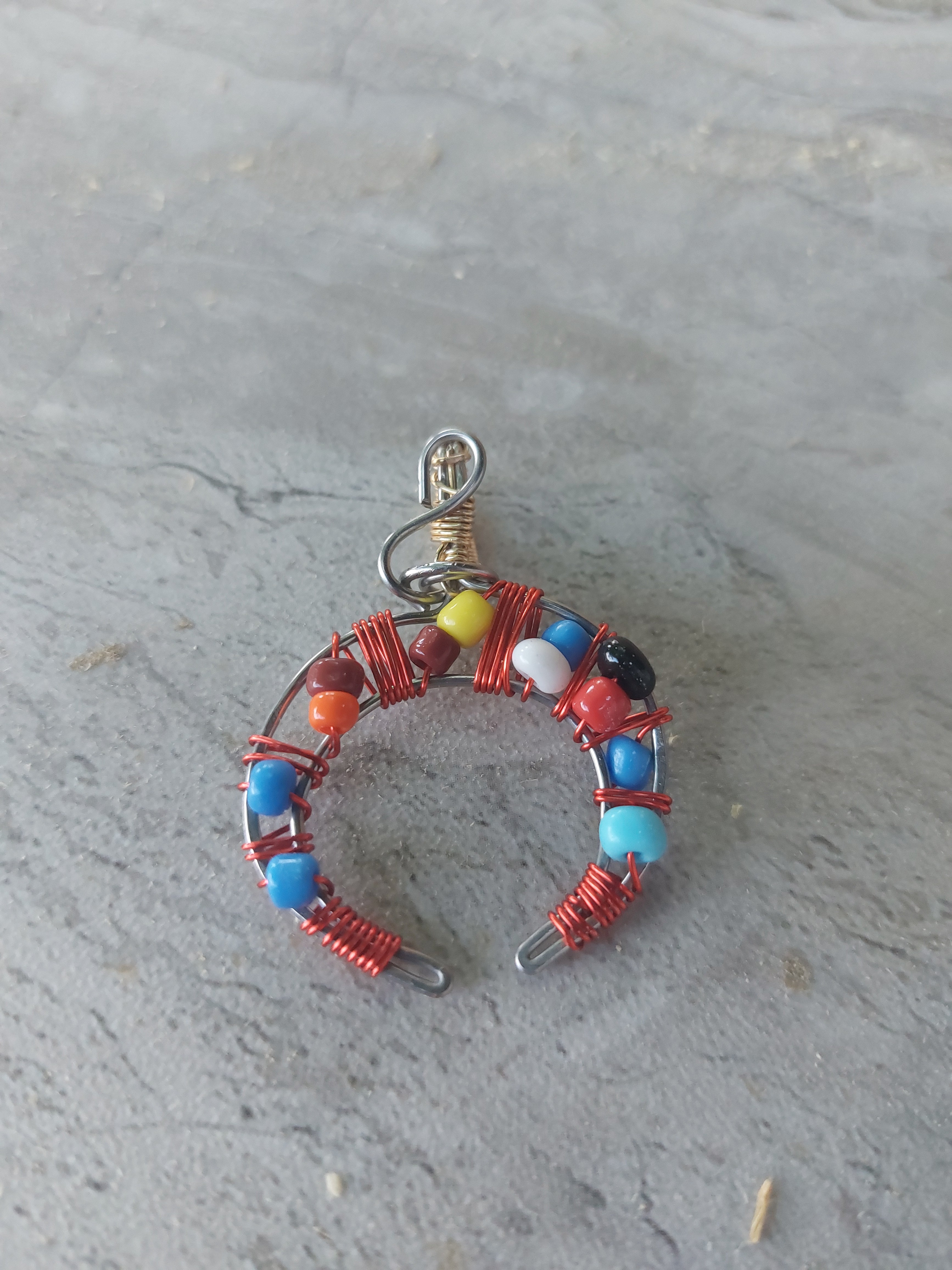 Handmade Colorful Beaded Crescent Moon Pendant – Wire Wrapped