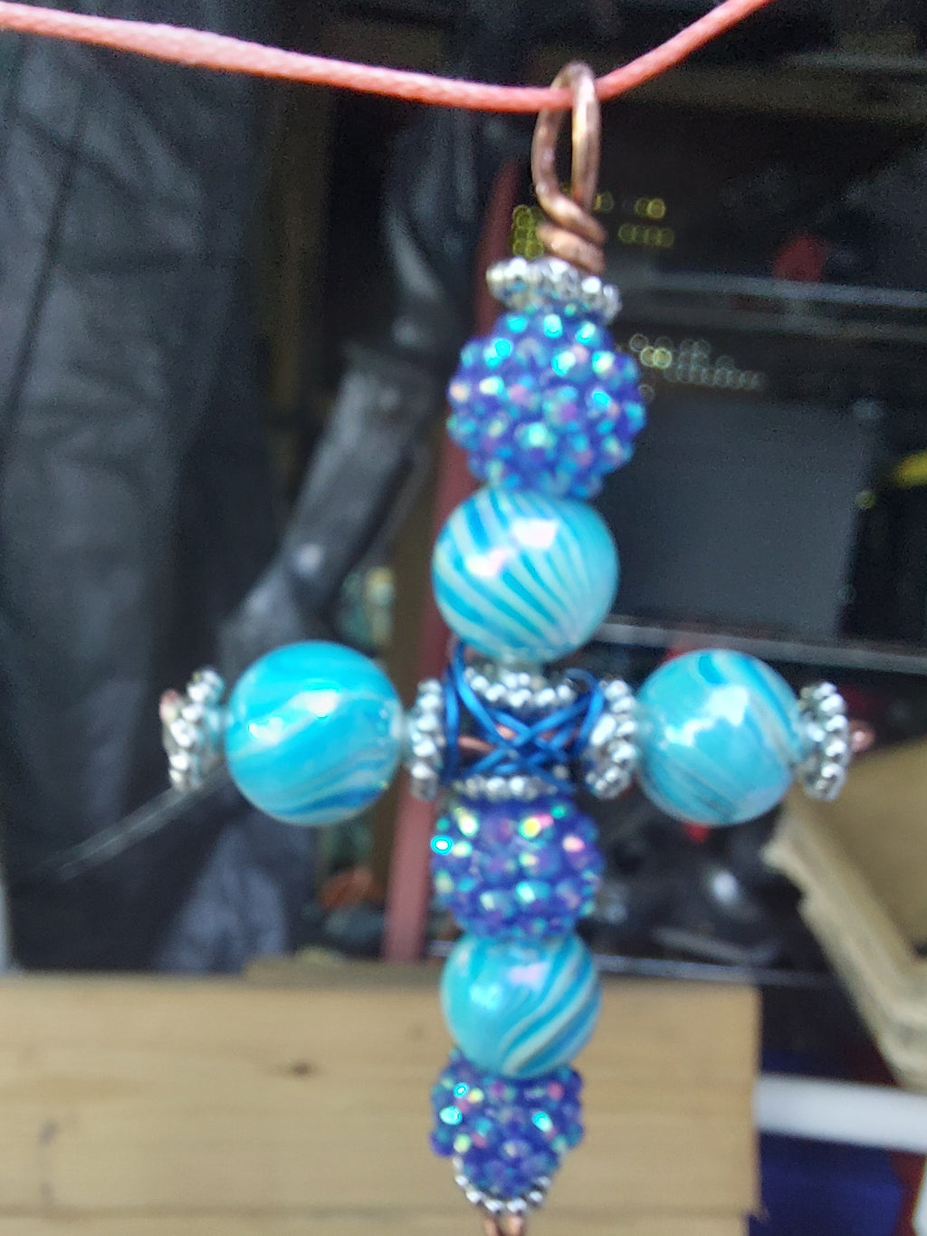 Handmade Blue Beaded Cross Pendant with Copper Wire