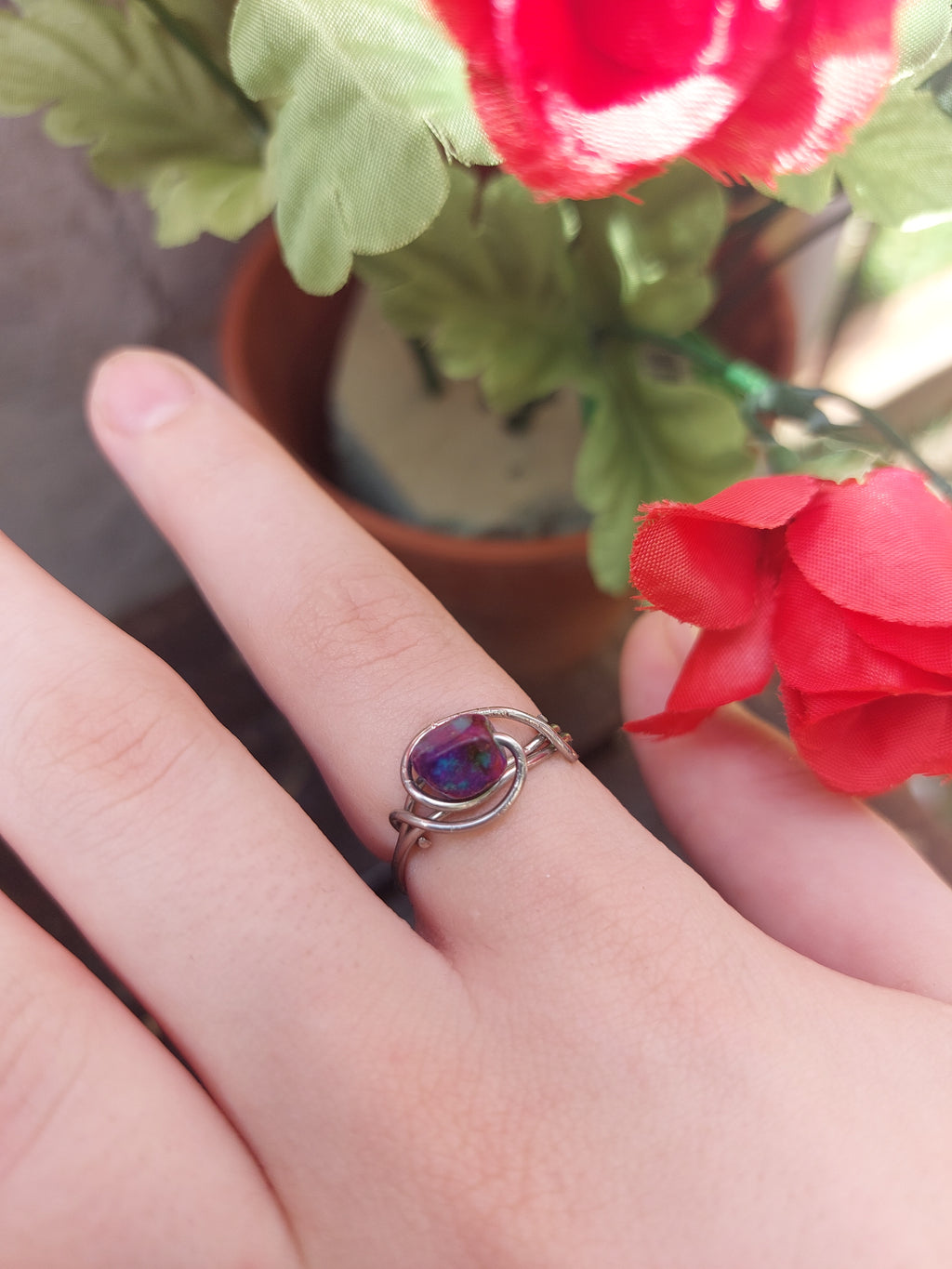 Handmade Iridescent Purple Stone Silver Wire Bypass Ring