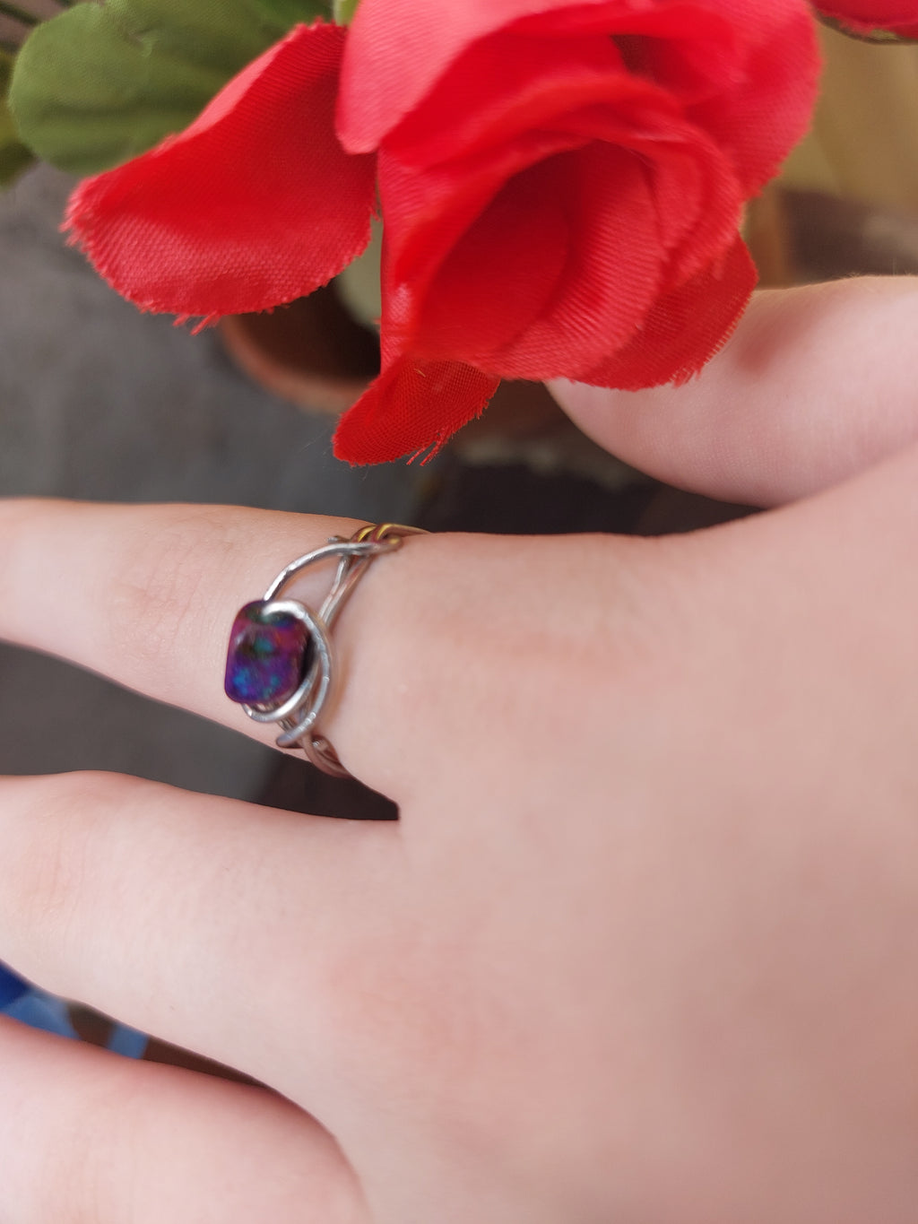 Handmade Iridescent Purple Stone Silver Wire Bypass Ring