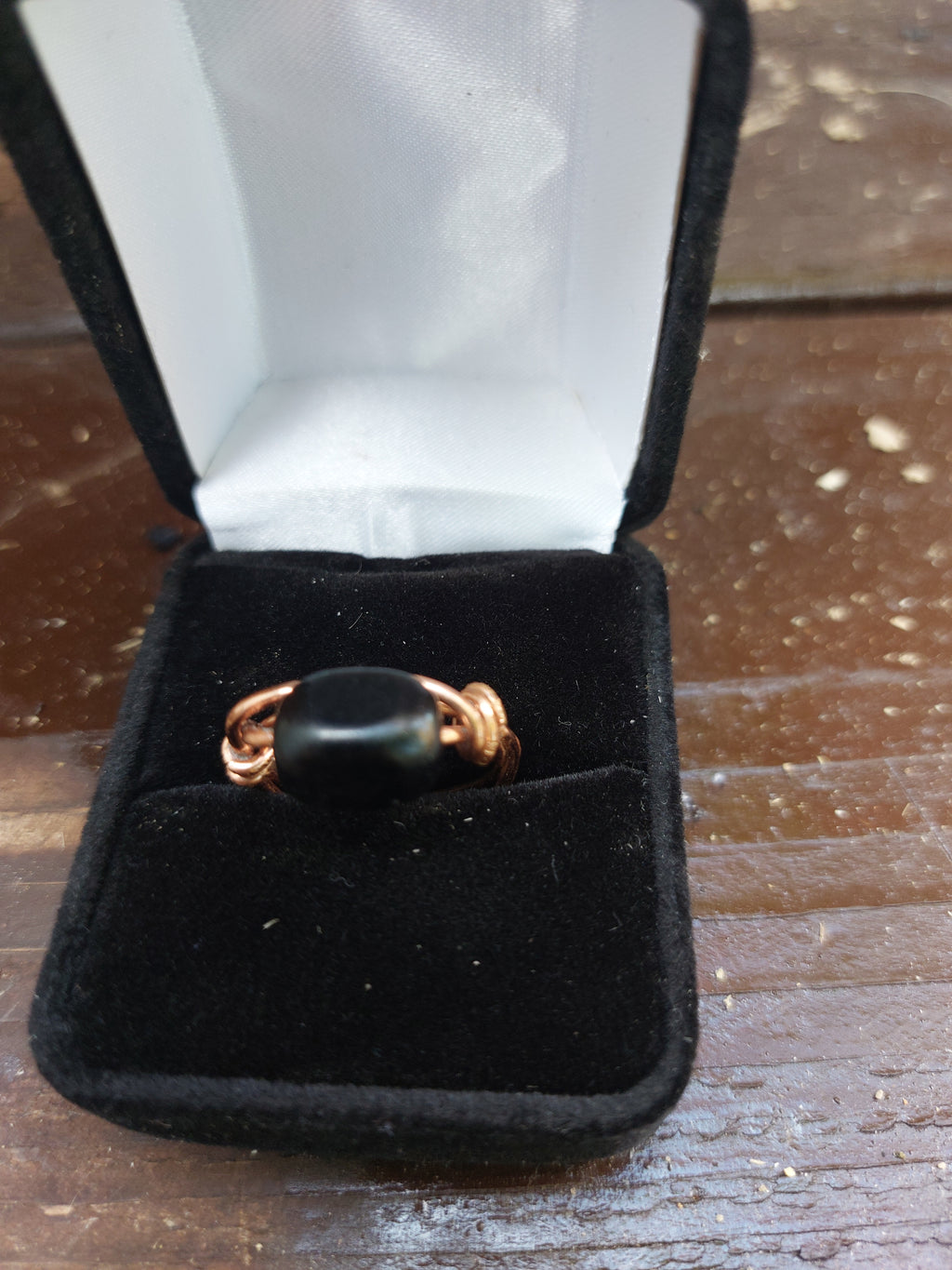Handmade Black Stone Copper Wire Wrapped Bypass Ring