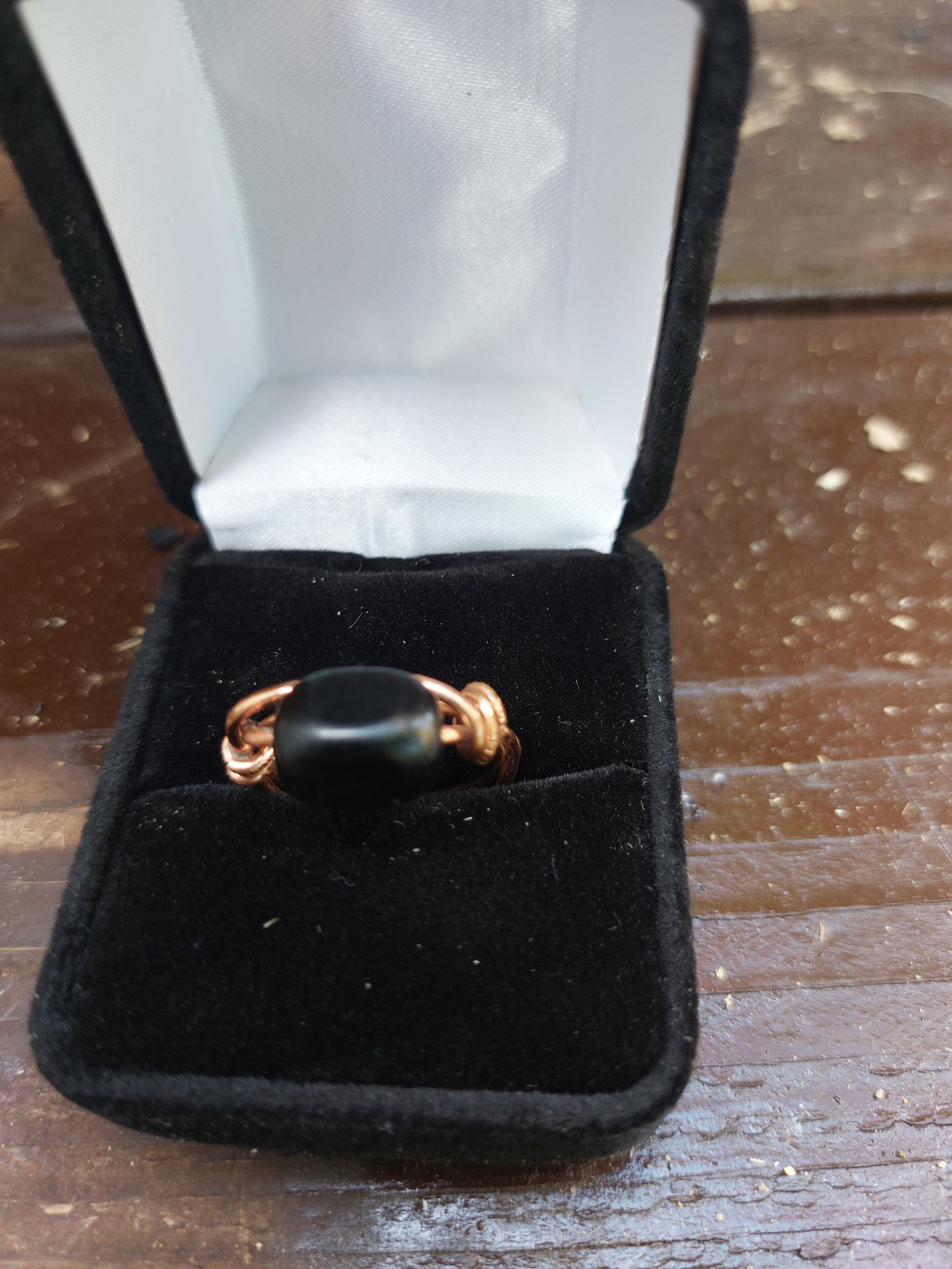 Handmade Black Stone Copper Wire Wrapped Bypass Ring