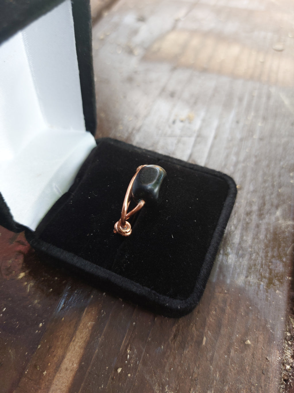Handmade Black Stone Copper Wire Wrapped Bypass Ring