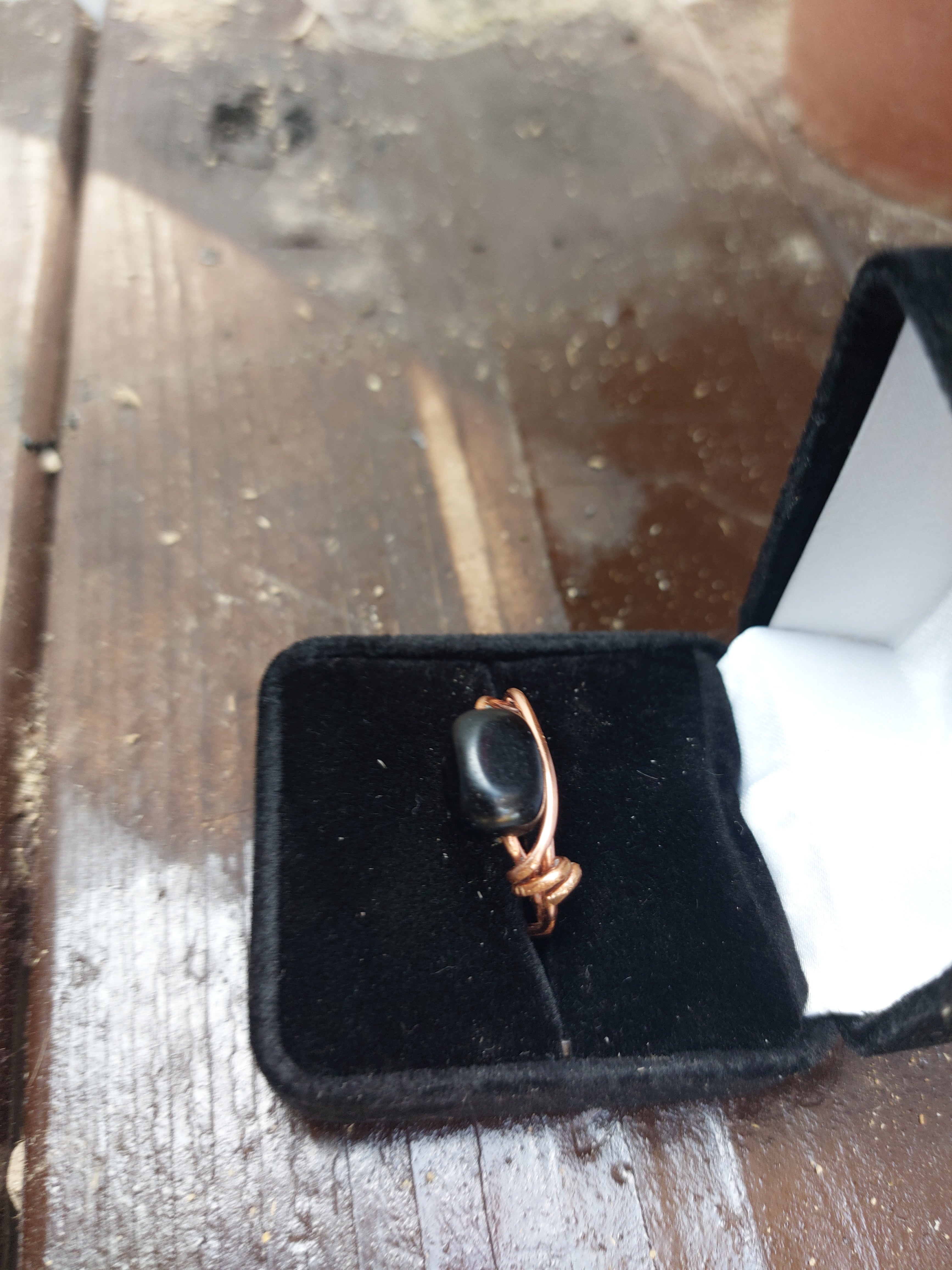 Handmade Black Stone Copper Wire Wrapped Bypass Ring