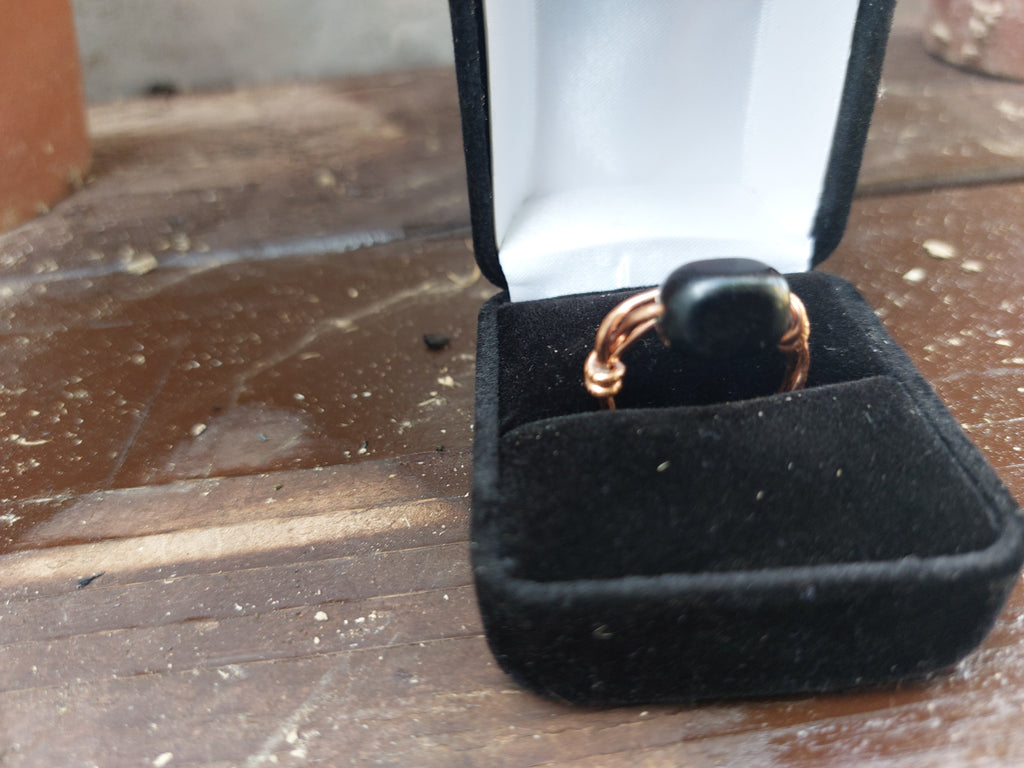 Handmade Black Stone Copper Wire Wrapped Bypass Ring
