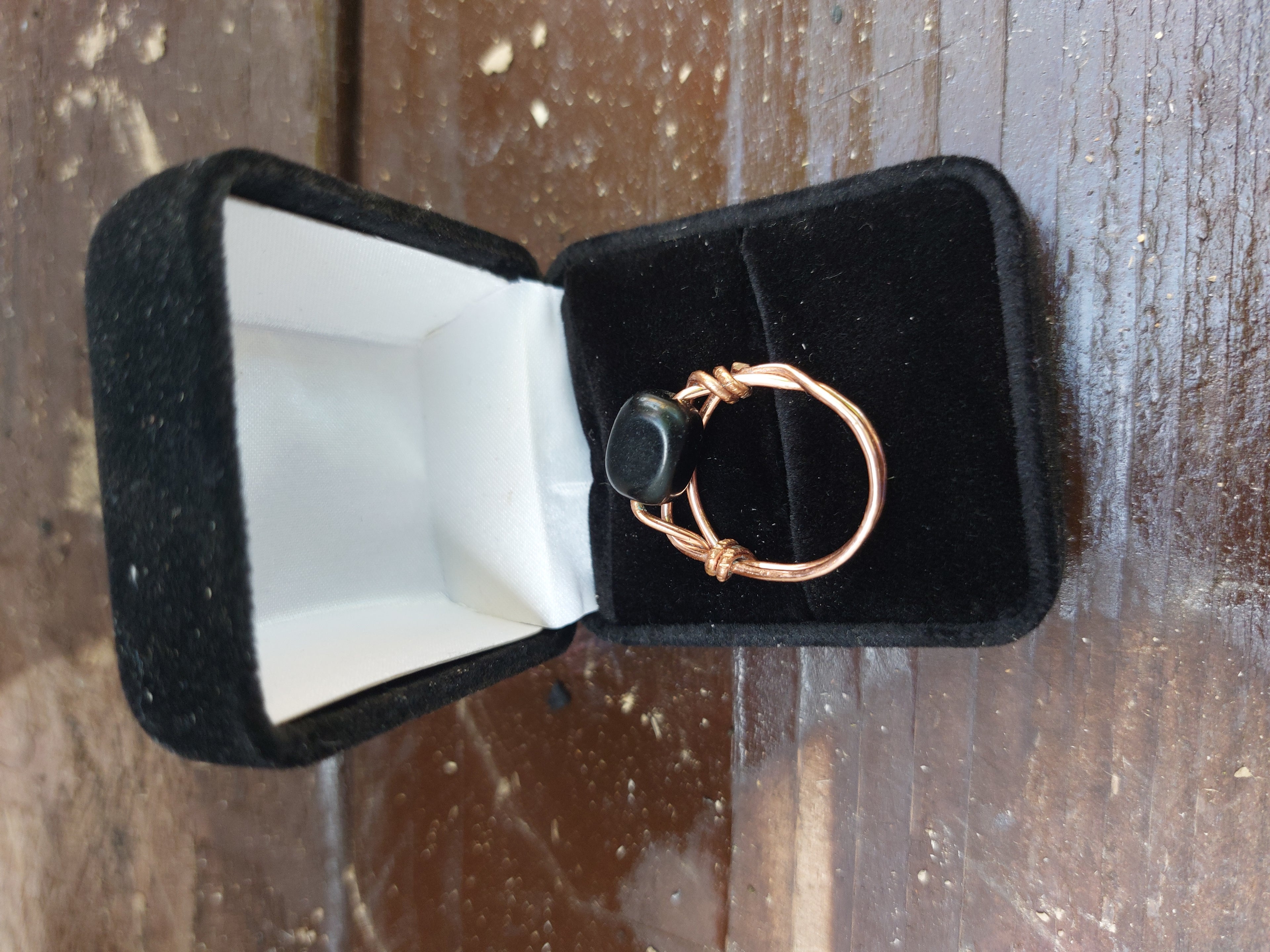 Handmade Black Stone Copper Wire Wrapped Bypass Ring