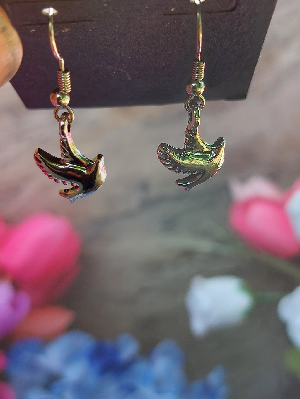 Dove Charm Dangle Earrings – Silver & Gold Tone